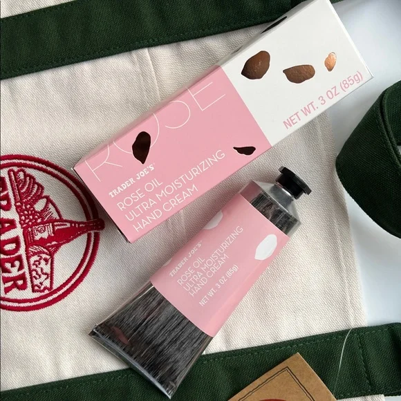 Trader Joe's Large Canvas Tote Bag with Green Straps & Rose Oil Hand Cream - Picture 2 of 8